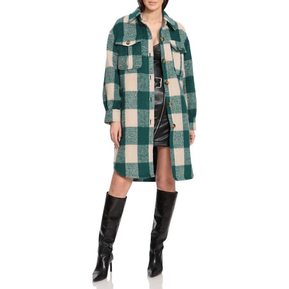 𝅺AVEC Les Filles‎ Longline Buffalo Check Coat Revolve Green Plaid Shacket Small